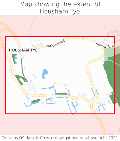 Map showing extent of Housham Tye as bounding box