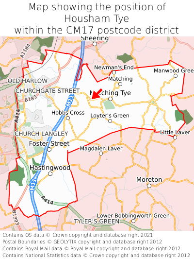 Map showing location of Housham Tye within CM17