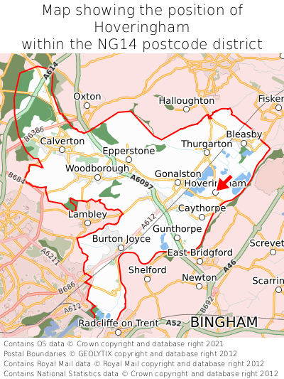 Map showing location of Hoveringham within NG14