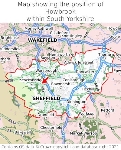 Map showing location of Howbrook within South Yorkshire