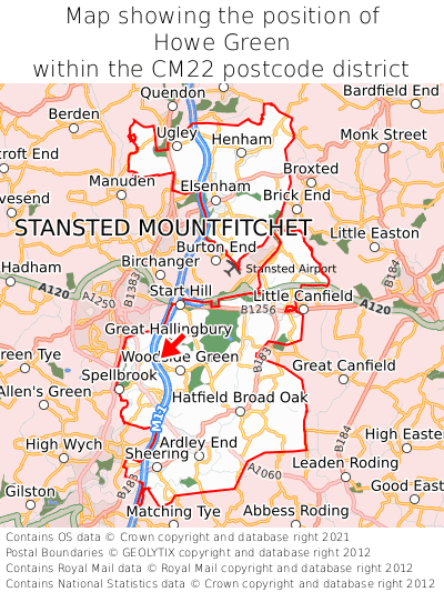 Map showing location of Howe Green within CM22