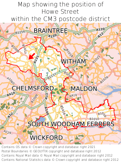 Map showing location of Howe Street within CM3