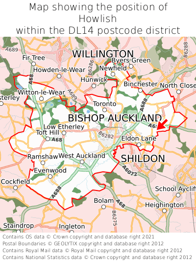 Map showing location of Howlish within DL14
