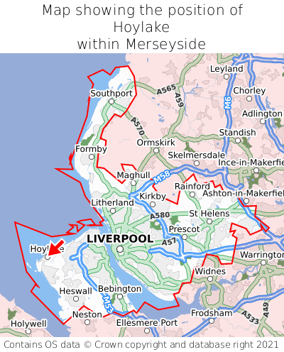 Map showing location of Hoylake within Merseyside