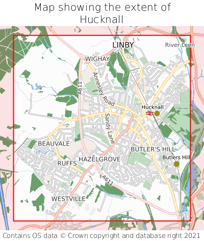 Map showing extent of Hucknall as bounding box