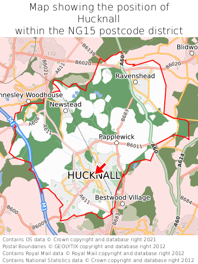Map showing location of Hucknall within NG15