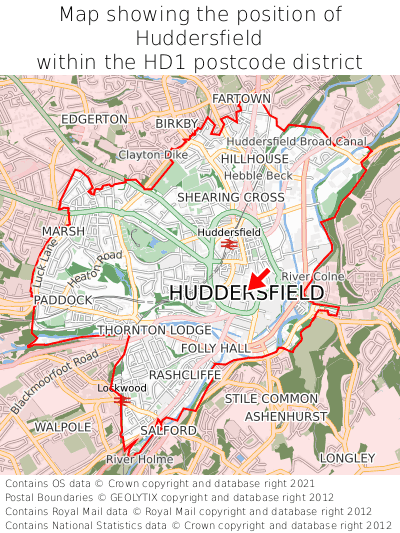Map showing location of Huddersfield within HD1