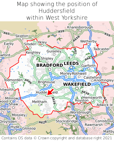 Map showing location of Huddersfield within West Yorkshire
