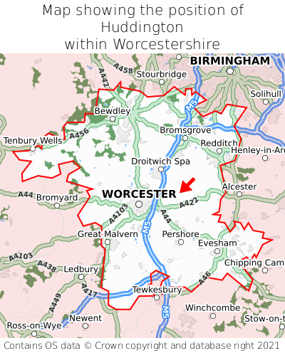 Map showing location of Huddington within Worcestershire
