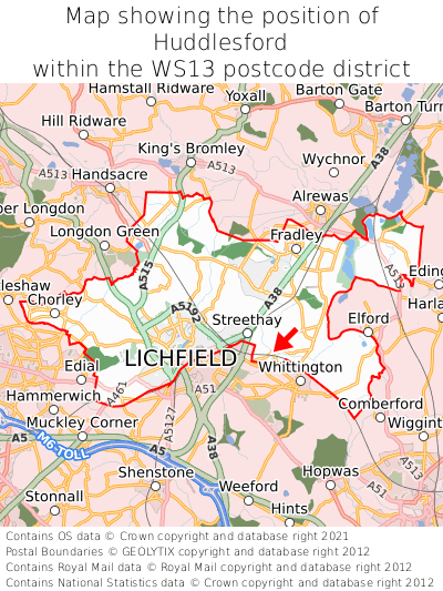 Map showing location of Huddlesford within WS13