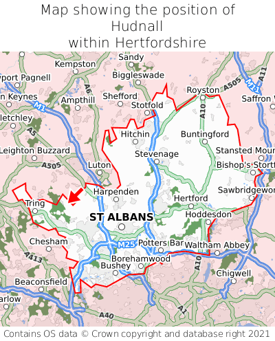 Map showing location of Hudnall within Hertfordshire