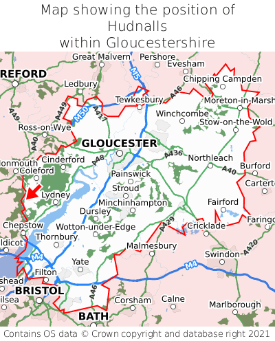 Map showing location of Hudnalls within Gloucestershire