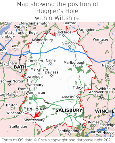 Map showing location of Huggler's Hole within Wiltshire