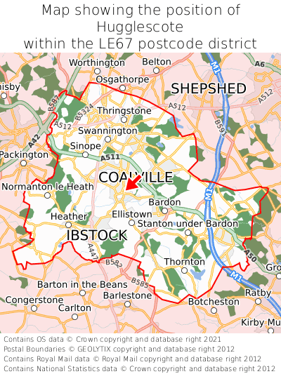 Map showing location of Hugglescote within LE67