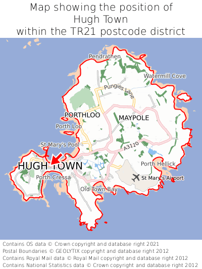 Map showing location of Hugh Town within TR21