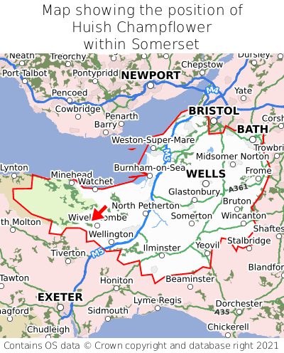 Map showing location of Huish Champflower within Somerset
