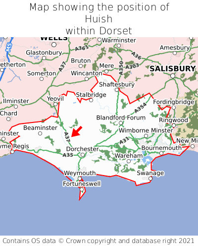 Map showing location of Huish within Dorset