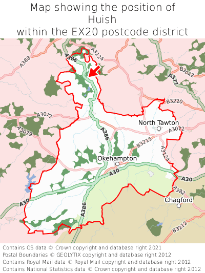 Map showing location of Huish within EX20