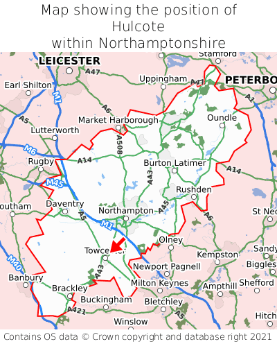 Map showing location of Hulcote within Northamptonshire