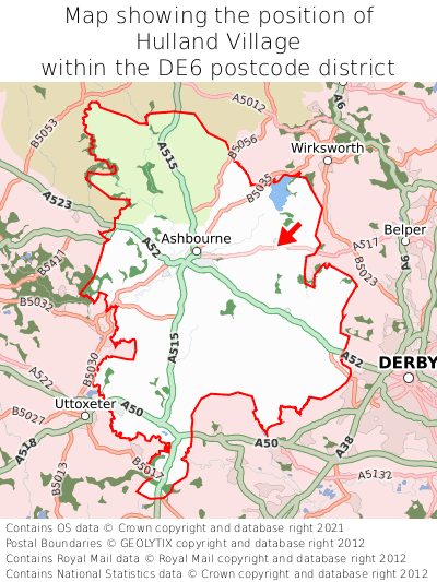 Map showing location of Hulland Village within DE6