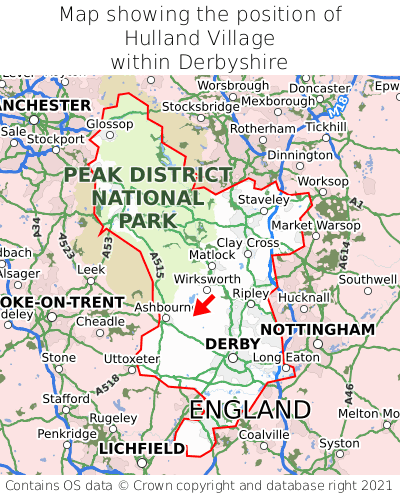 Map showing location of Hulland Village within Derbyshire
