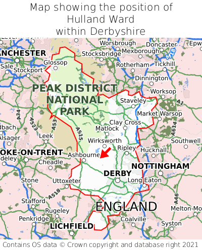 Map showing location of Hulland Ward within Derbyshire