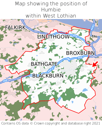 Map showing location of Humbie within West Lothian