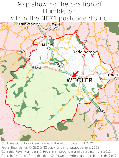 Map showing location of Humbleton within NE71