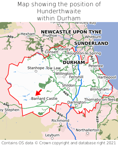 Map showing location of Hunderthwaite within Durham