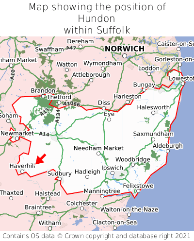 Map showing location of Hundon within Suffolk