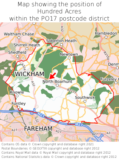 Map showing location of Hundred Acres within PO17