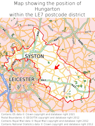 Map showing location of Hungarton within LE7