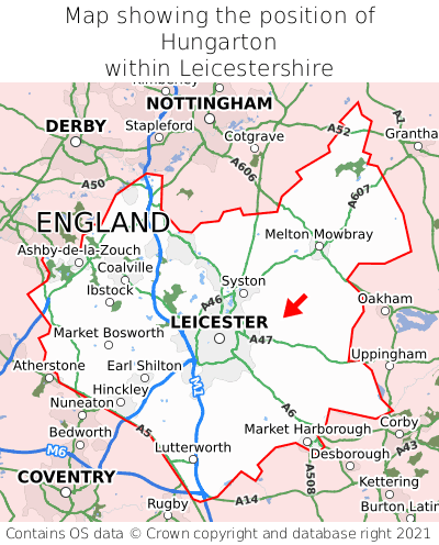 Map showing location of Hungarton within Leicestershire