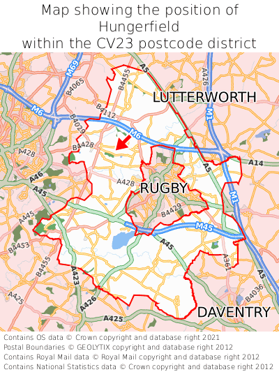 Map showing location of Hungerfield within CV23