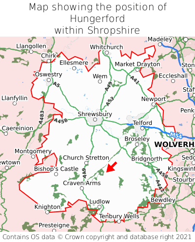 Map showing location of Hungerford within Shropshire