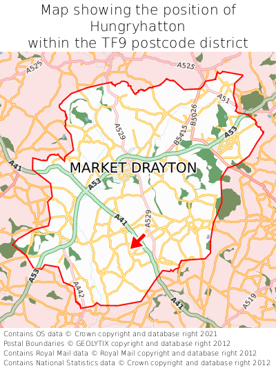 Map showing location of Hungryhatton within TF9