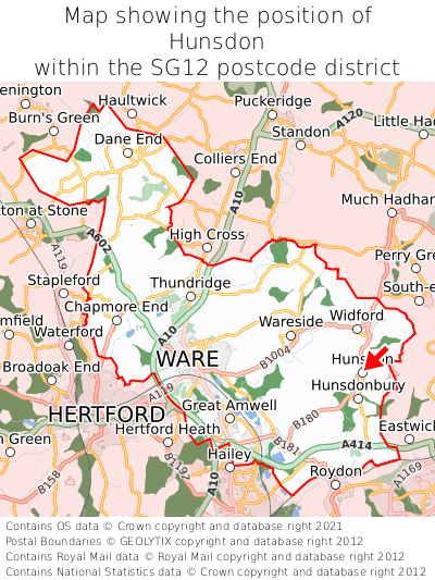 Map showing location of Hunsdon within SG12