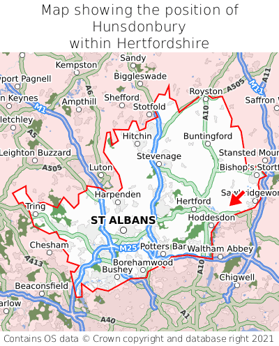 Map showing location of Hunsdonbury within Hertfordshire