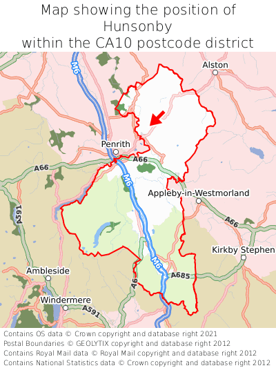 Map showing location of Hunsonby within CA10