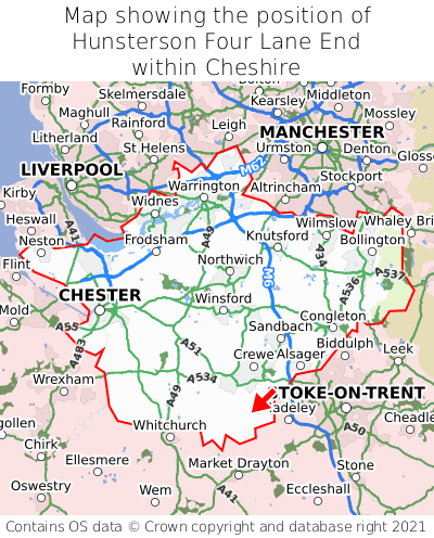 Map showing location of Hunsterson Four Lane End within Cheshire
