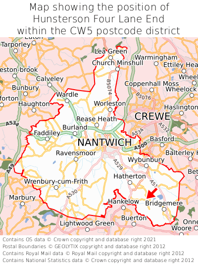 Map showing location of Hunsterson Four Lane End within CW5