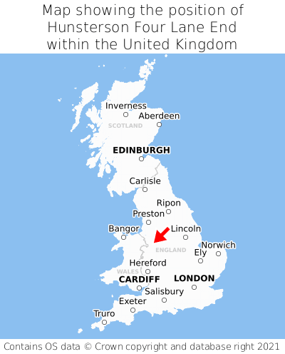 Map showing location of Hunsterson Four Lane End within the UK