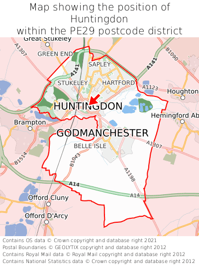 Map showing location of Huntingdon within PE29