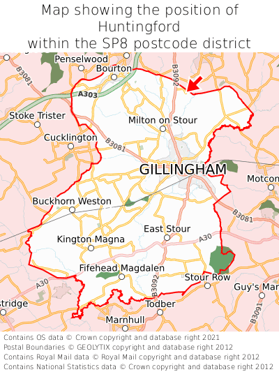 Map showing location of Huntingford within SP8