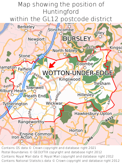 Map showing location of Huntingford within GL12