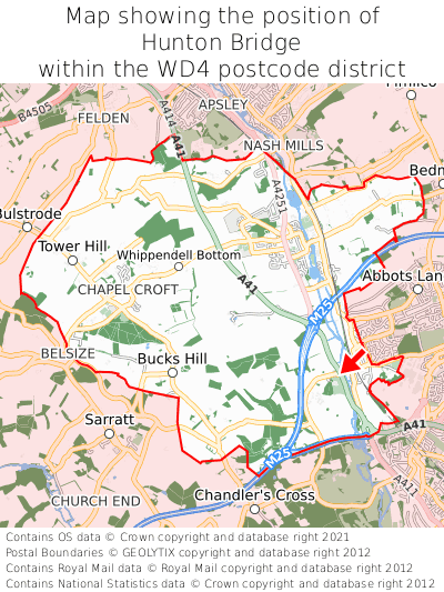 Map showing location of Hunton Bridge within WD4