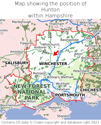 Map showing location of Hunton within Hampshire