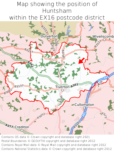 Map showing location of Huntsham within EX16