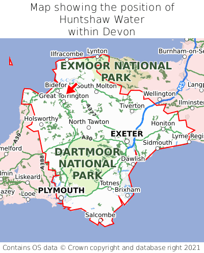 Map showing location of Huntshaw Water within Devon