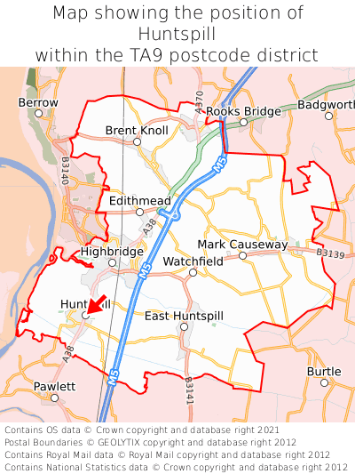 Map showing location of Huntspill within TA9